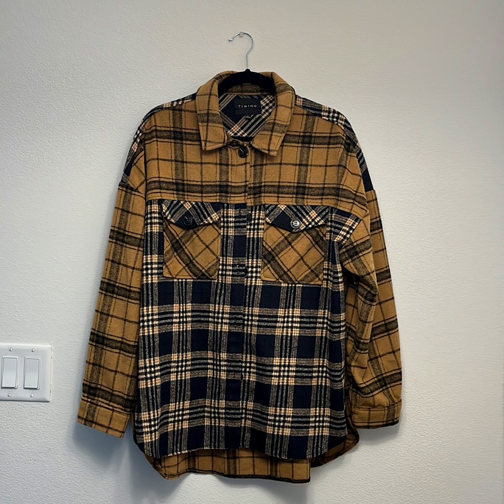 Timing Brand Plaid Shacket in Mustard and Dark Navy